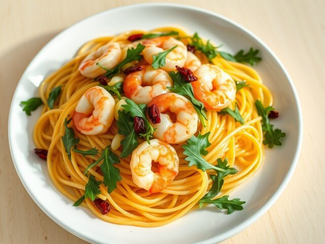 Spaghetti con gamberetti e rucola