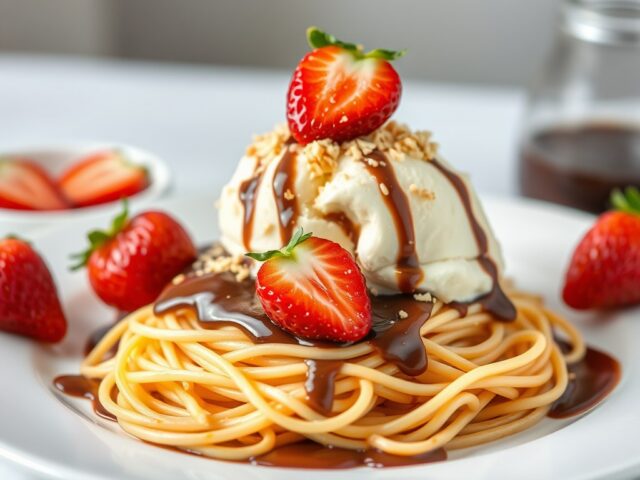 Spaghetti-ijs met chocoladesaus en gebrande amandel