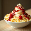 spaghetti-ijs met frambozensaus