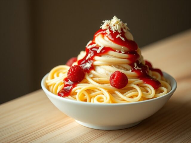 spaghetti-ijs met frambozensaus