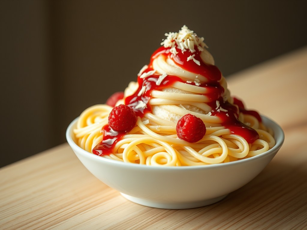 spaghetti-ijs met frambozensaus, AI-gegenereerde illustratie