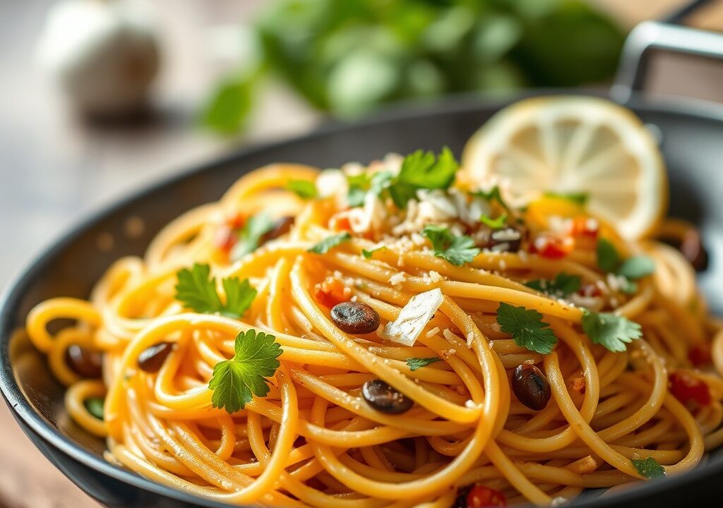 Spaghetti met ansjovis en BIMI, AI-gegenereerde illustratie