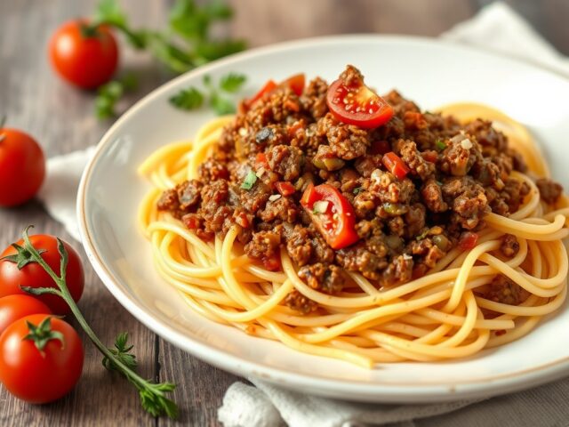 Spaghetti met aubergine-gehaktsaus — AI-gegenereerde illustratie