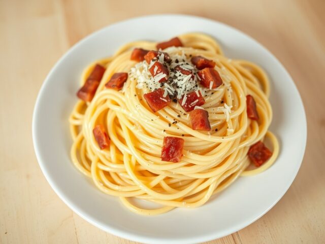 Spaghetti met eieren, bacon en room