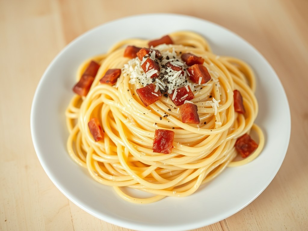 Spaghetti met eieren, bacon en room, AI-gegenereerde illustratie