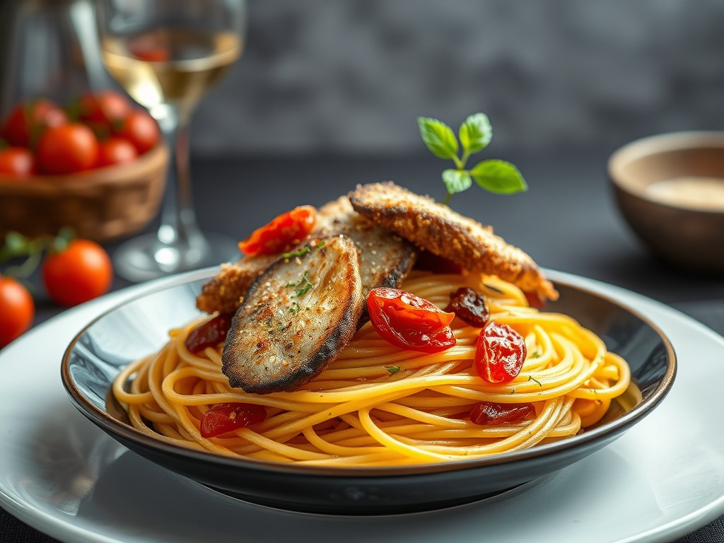 Spaghetti met gebakken mul, zongedroogde tomaatjes, AI-gegenereerde illustratie