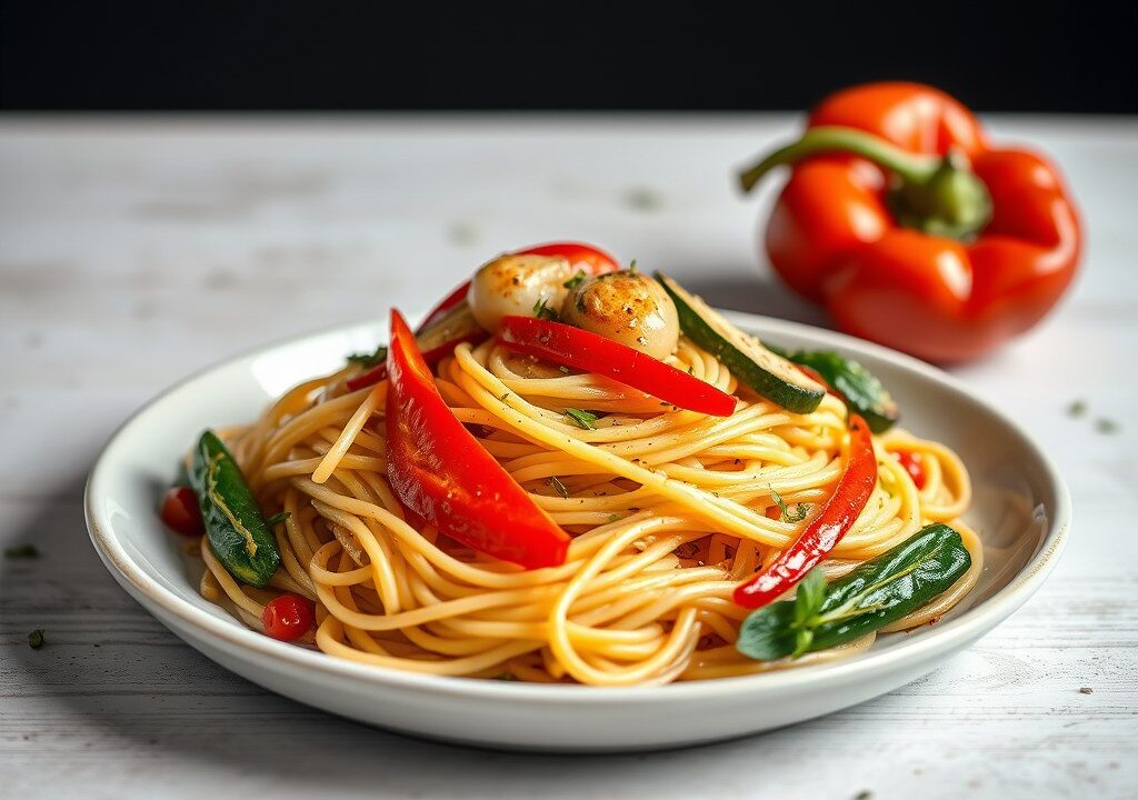 Spaghetti met geroosterde groenten, AI-gegenereerde illustratie