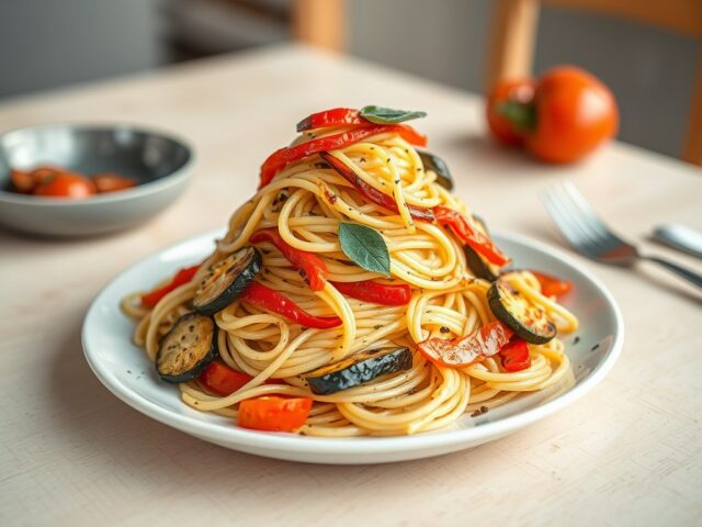 Spaghetti met geroosterde groenten