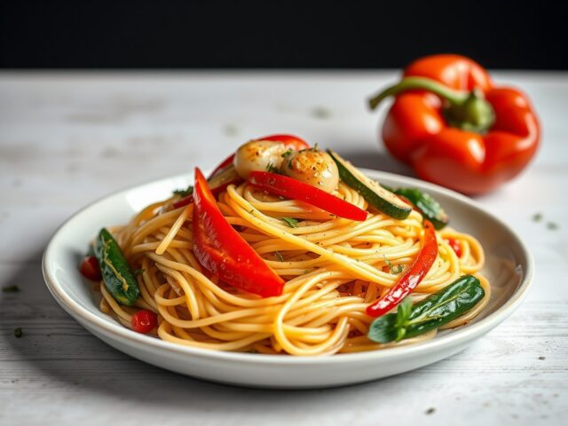 Spaghetti met geroosterde groenten — AI-gegenereerde illustratie