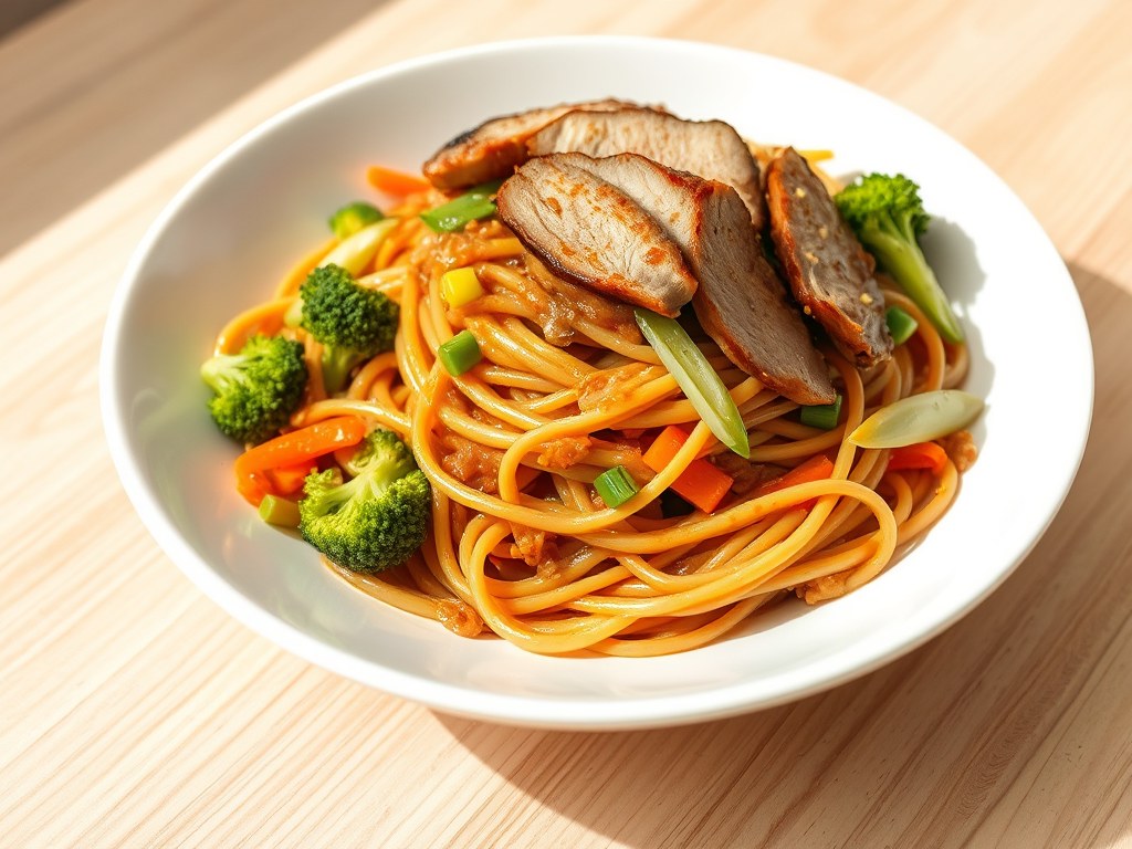 Spaghetti met groente en pindasaus, AI-gegenereerde illustratie