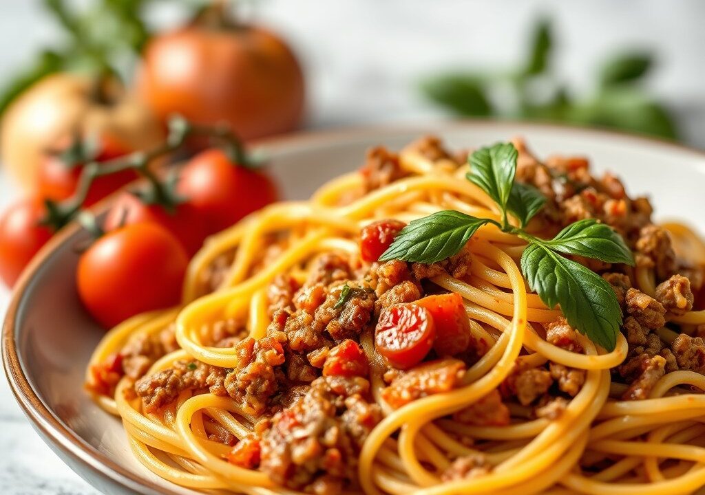 Spaghetti met groente- tomatensaus, AI-gegenereerde illustratie