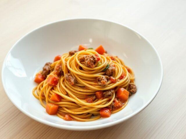 Spaghetti met groentesaus en worstjesvlees