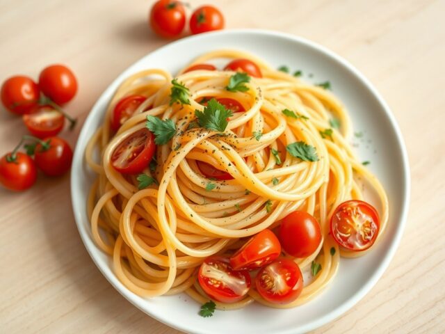 Spaghetti met knoflook, chili en tomaatjes