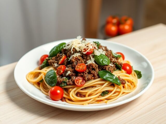 Spaghetti met lamsgehakt en spinazie