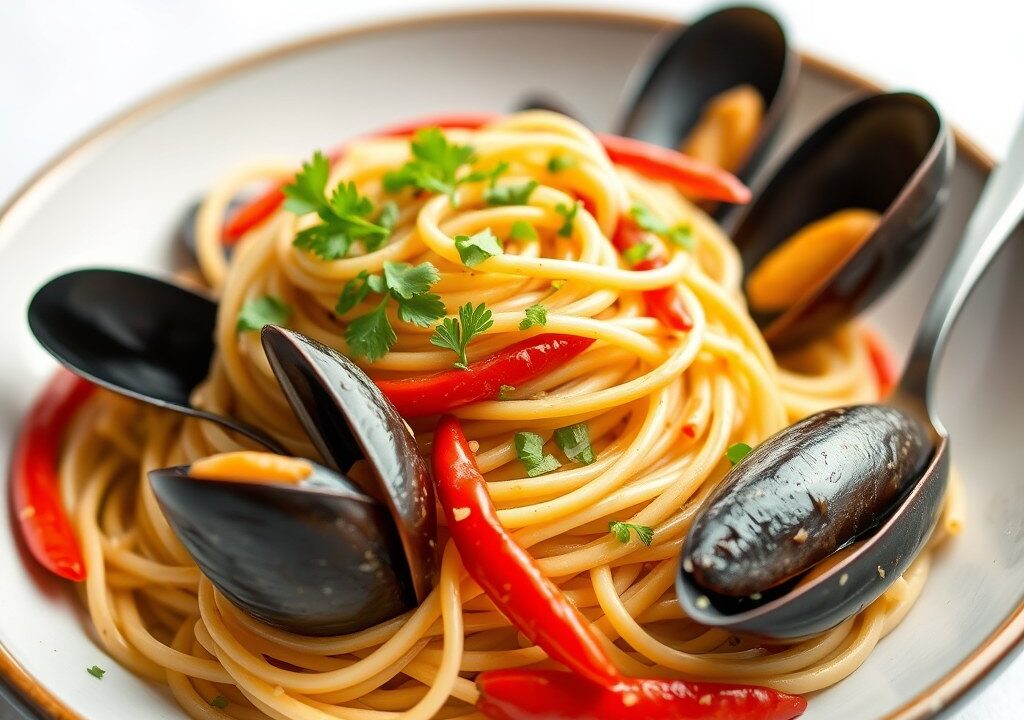 Spaghetti met mosselen, AI-gegenereerde illustratie