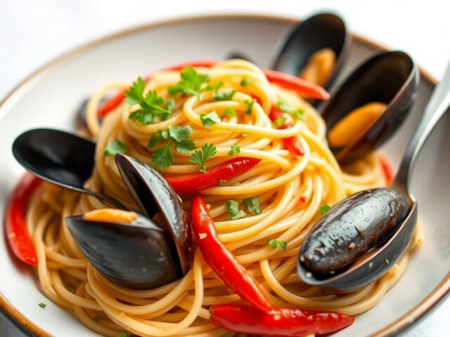 Spaghetti met mosselen — AI-gegenereerde illustratie