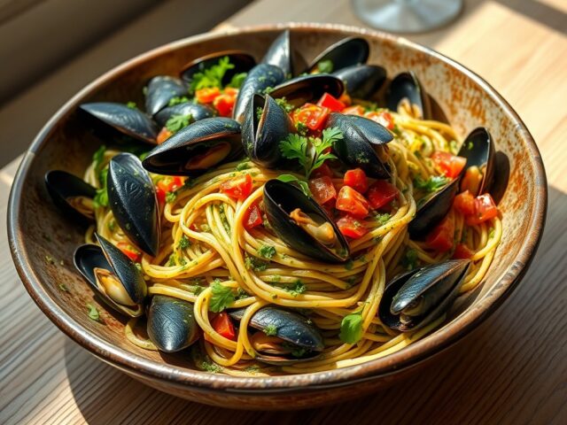 Spaghetti met mosselen en pesto