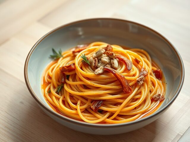 Spaghetti met pastinaak en sinaasappelsaus