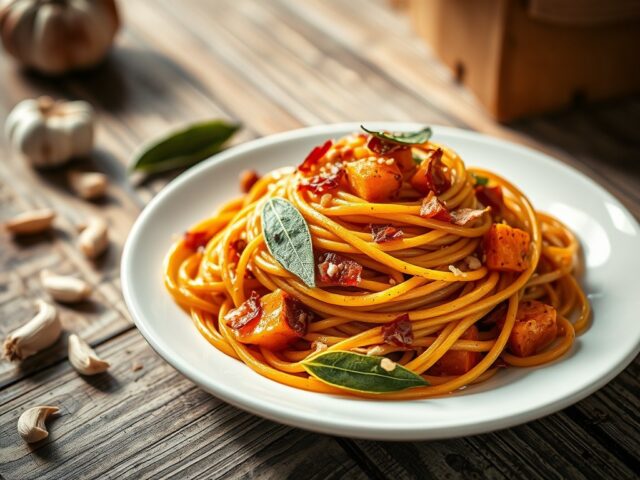 Spaghetti met pompoen en pancetta