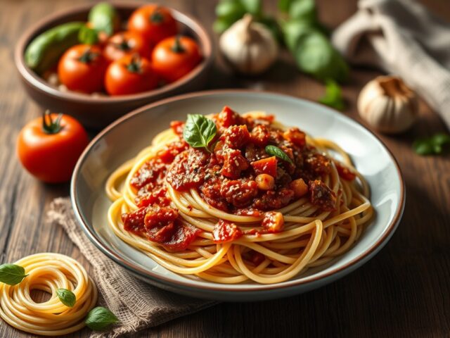 Spaghetti met ragû van Italiaanse worstjes — AI-gegenereerde illustratie