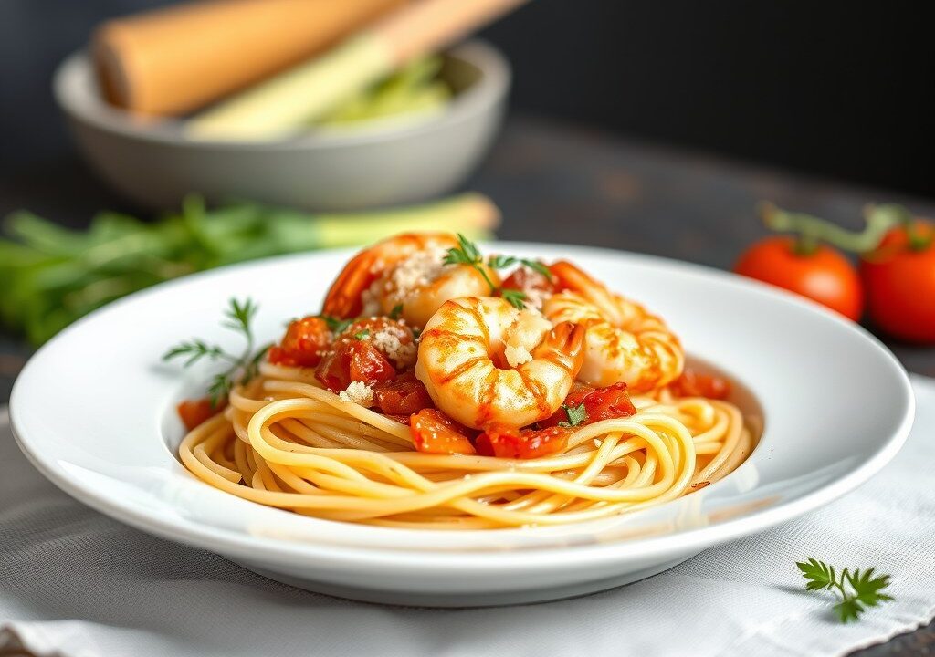 Spaghetti met roze garnalen — AI-gegenereerde illustratie