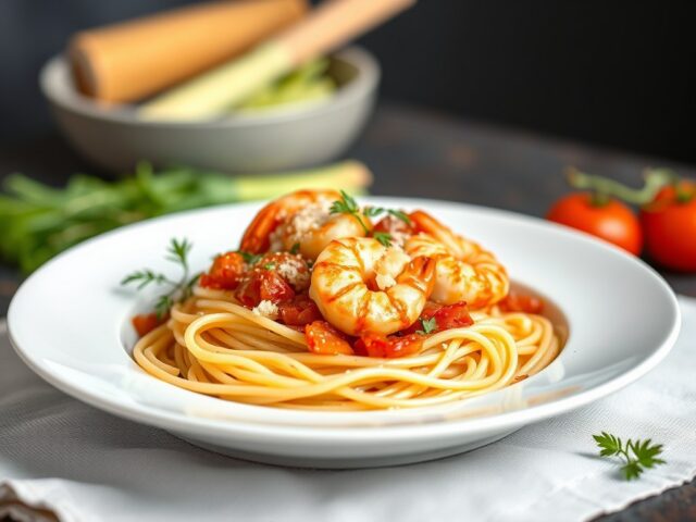 Spaghetti met roze garnalen