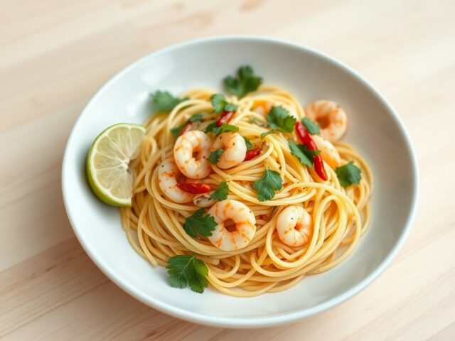 Spaghetti met scampi’s en koriander