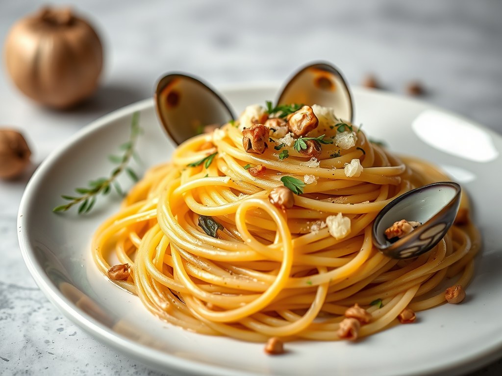 Spaghetti met scheermesschelpen, ( zie opm), AI-gegenereerde illustratie
