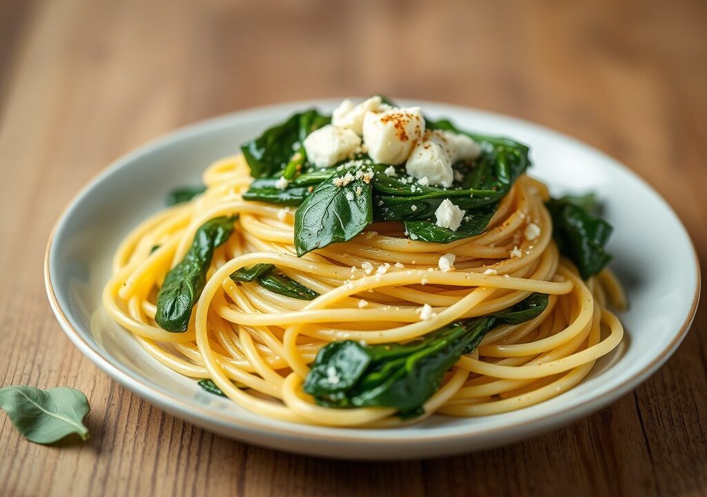 Spaghetti met spinazie, AI-gegenereerde illustratie