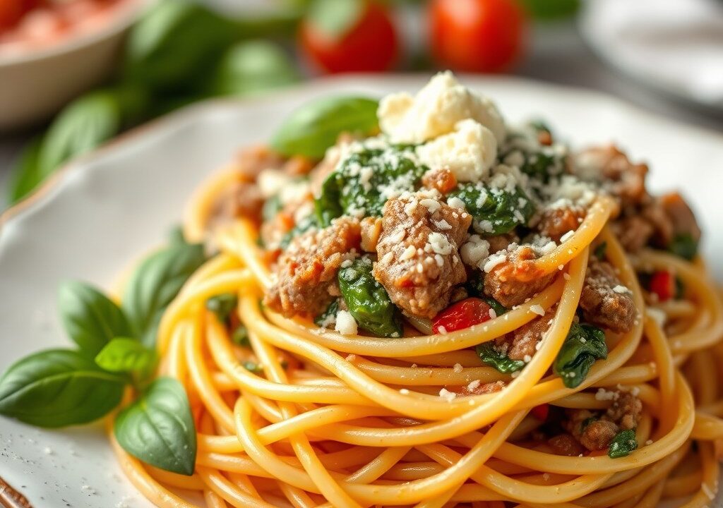 Spaghetti met spinazie à la crème en Boursin, AI-gegenereerde illustratie