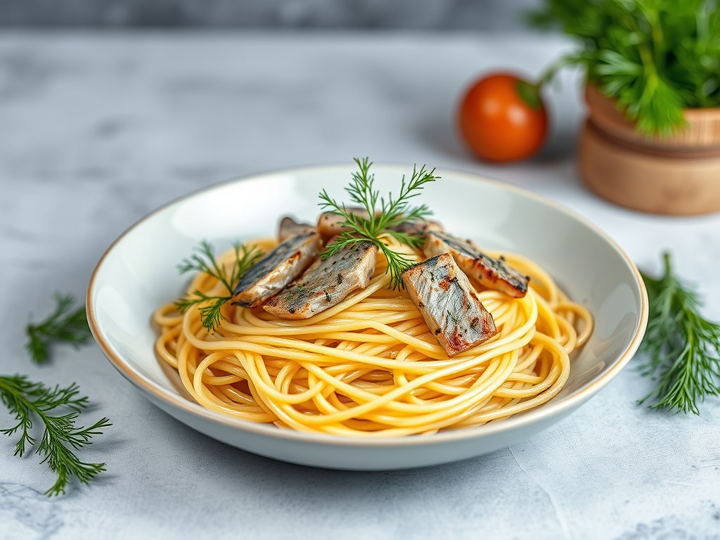 Spaghetti met tonijn en dille, AI-gegenereerde illustratie
