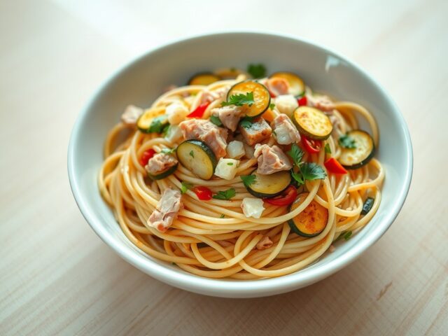 Spaghetti met tonijn en gebakken courgettes