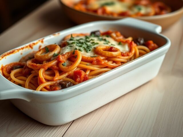 Spaghetti met uien, tomaat en kaas