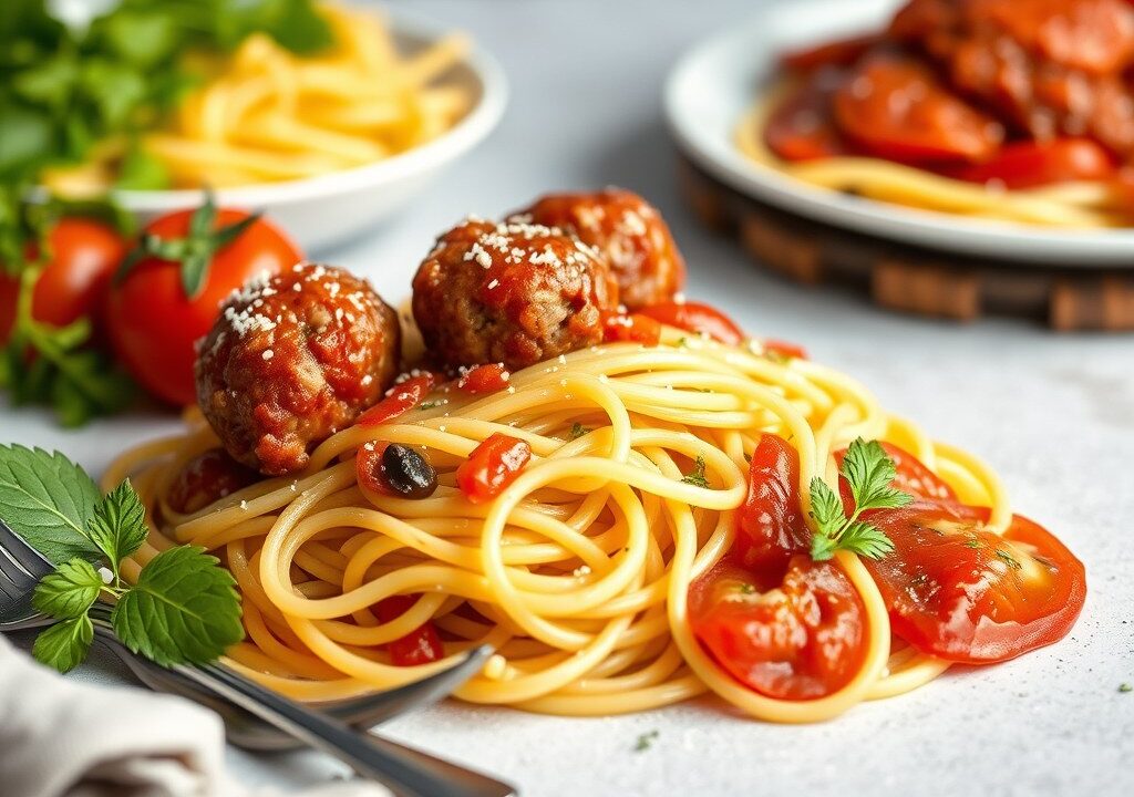 Spaghetti met uiengehaktballetjes, AI-gegenereerde illustratie
