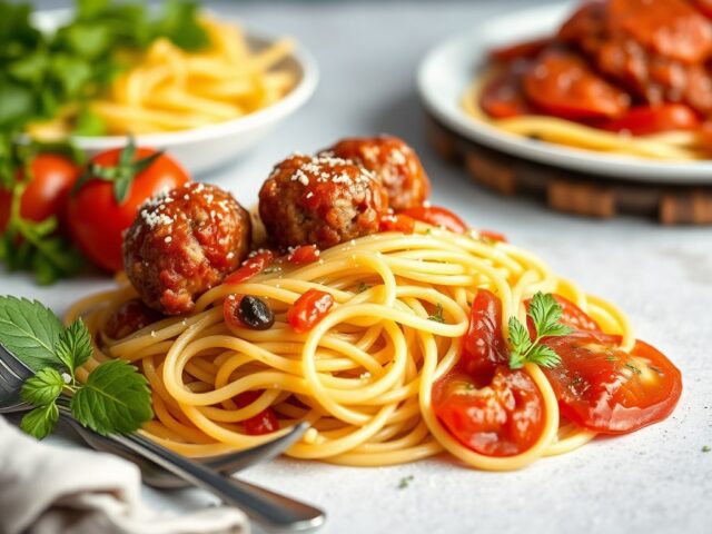 Spaghetti met uiengehaktballetjes — AI-gegenereerde illustratie