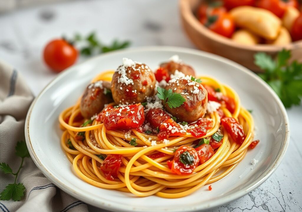 Spaghetti met Valessballetjes in italiaanse groentensaus, AI-gegenereerde illustratie