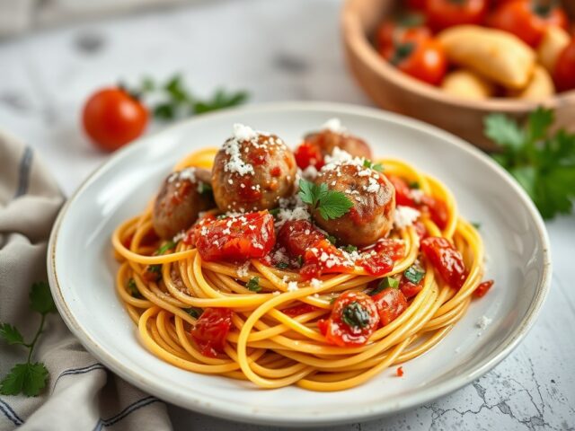 Spaghetti met Valessballetjes in italiaanse groentensaus