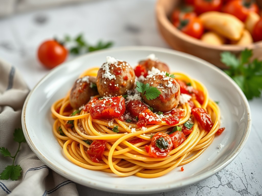 Spaghetti met Valessballetjes in italiaanse groentensaus, AI-gegenereerde illustratie