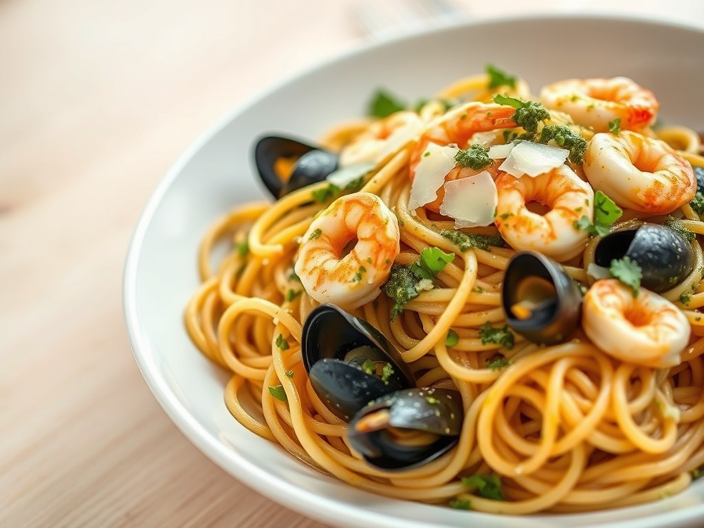 Spaghetti met zeevruchten, AI-gegenereerde illustratie