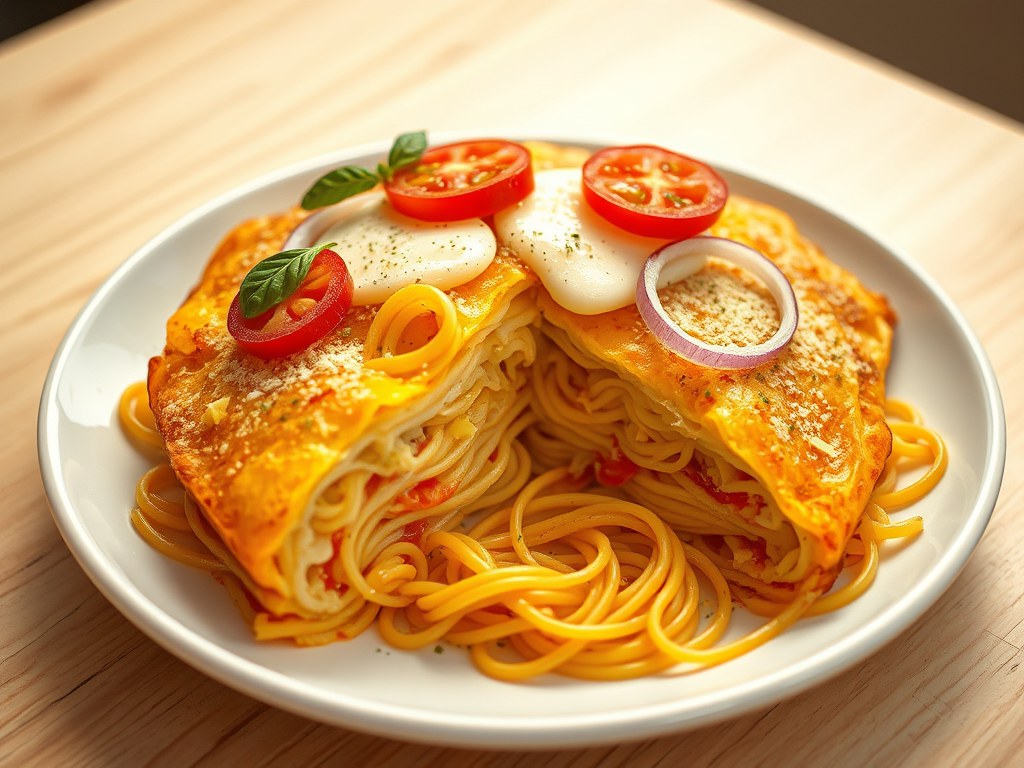 Spaghetti omelet, AI-gegenereerde illustratie