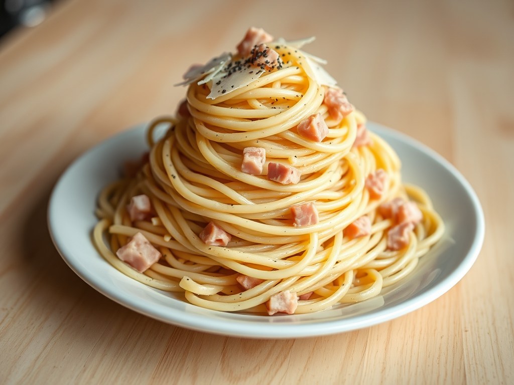 Spaghettie met room en ham (erg lekker ), AI-gegenereerde illustratie