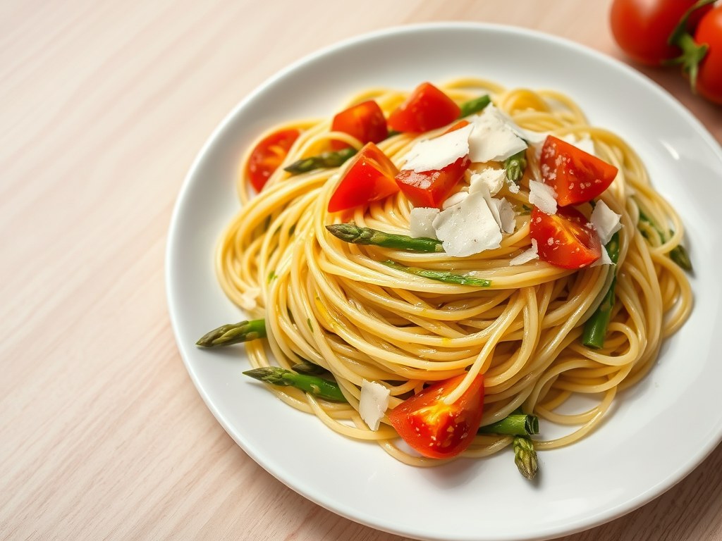 Spaghettini met aspergepunten, AI-gegenereerde illustratie