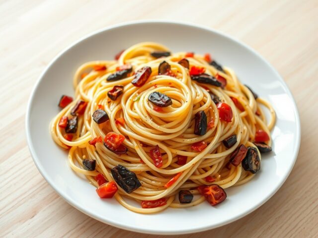 Spaghettini met aubergine, zongedroogde tomaten en chilipepers