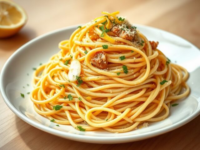 Spaghettini met citroensaus en reepjes kalfsvlees