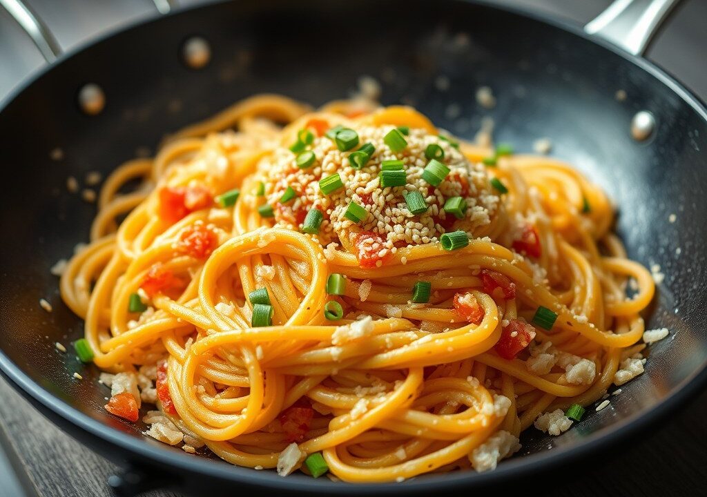 Spaghettirijst uit de wok, AI-gegenereerde illustratie