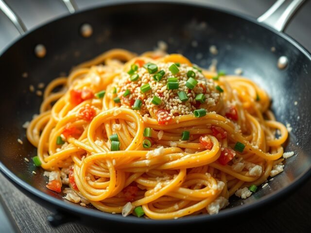 Spaghettirijst uit de wok — AI-gegenereerde illustratie
