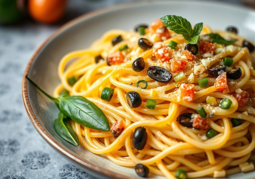 Spaghettisalade met inktvis en citroendressing, AI-gegenereerde illustratie
