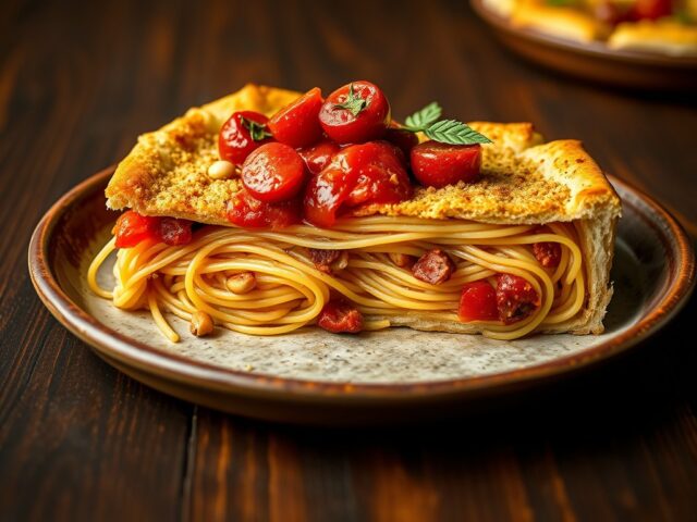 Spaghettitaart met geroosterde tomatensaus