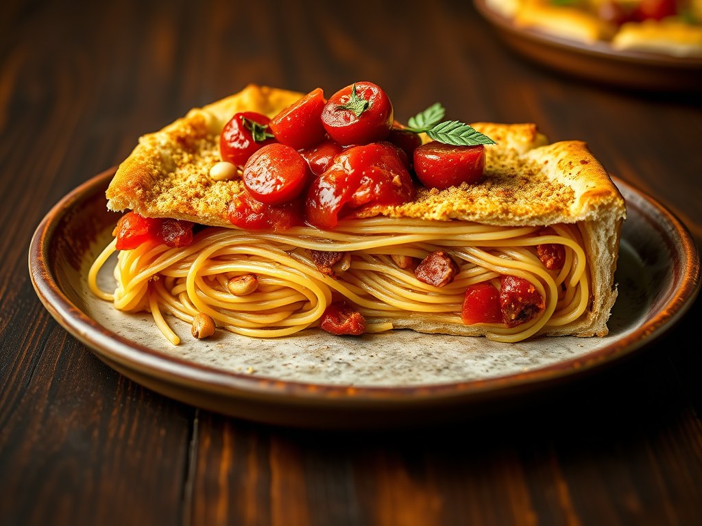 Spaghettitaart met geroosterde tomatensaus, AI-gegenereerde illustratie