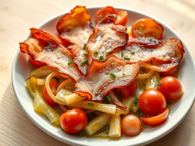 Spek met prei en tomaten
